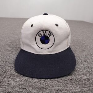 Vintage BMW Hat Cap Snap Back Mens One Size White Navy Twill Baseball Logo